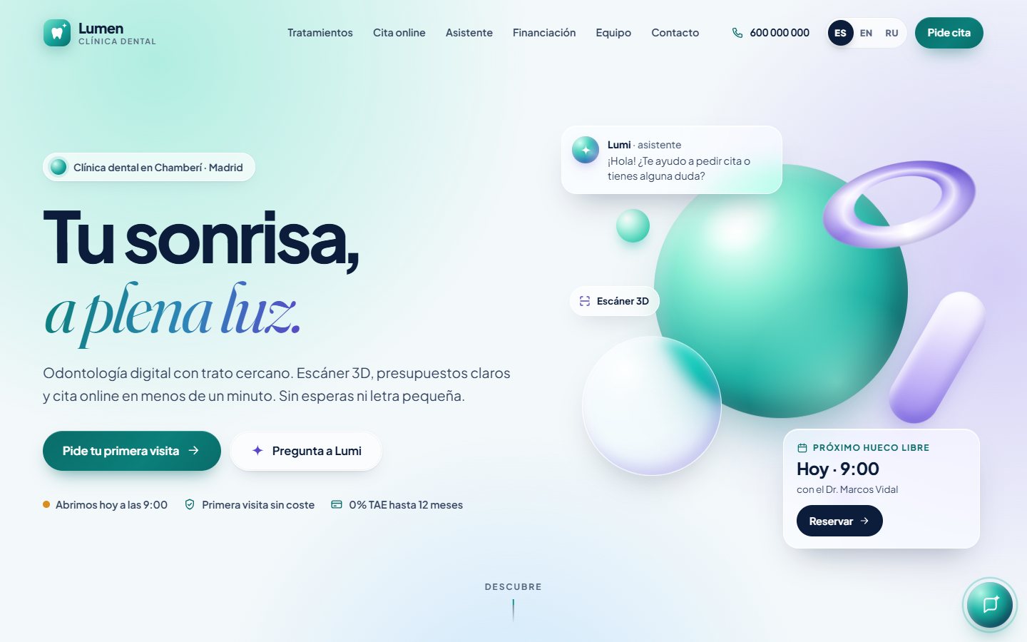 Vista previa de la demo Clínica Dental Lumen, web de clínica con asistente de IA