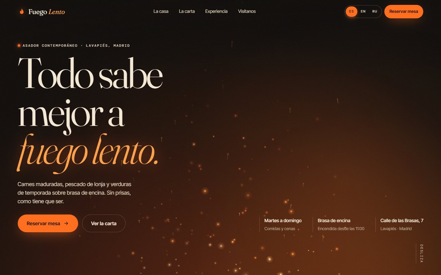Vista previa de la demo Fuego Lento, web de un asador con reservas online